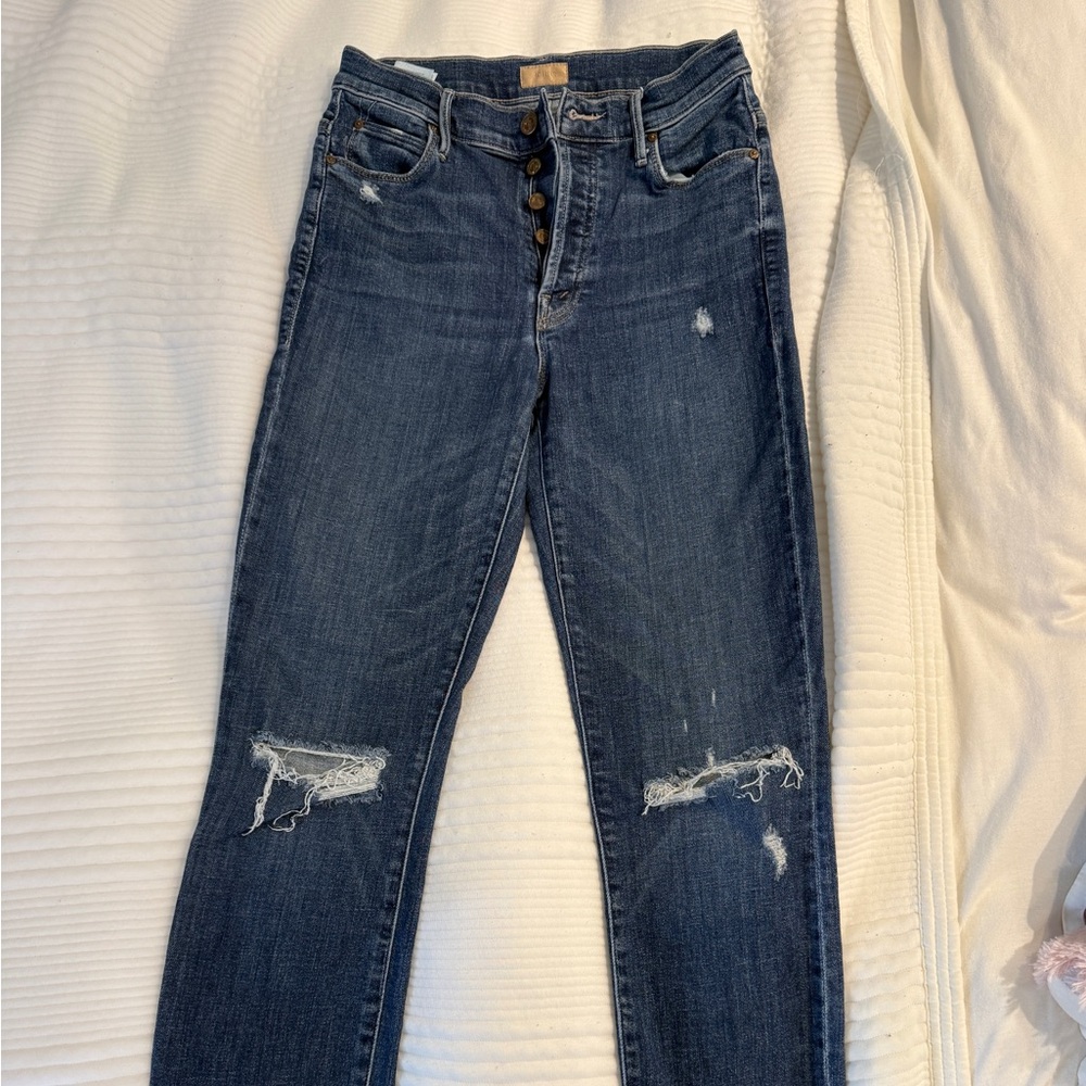 MOTHER Dark Blue Distressed Skinny Jeans